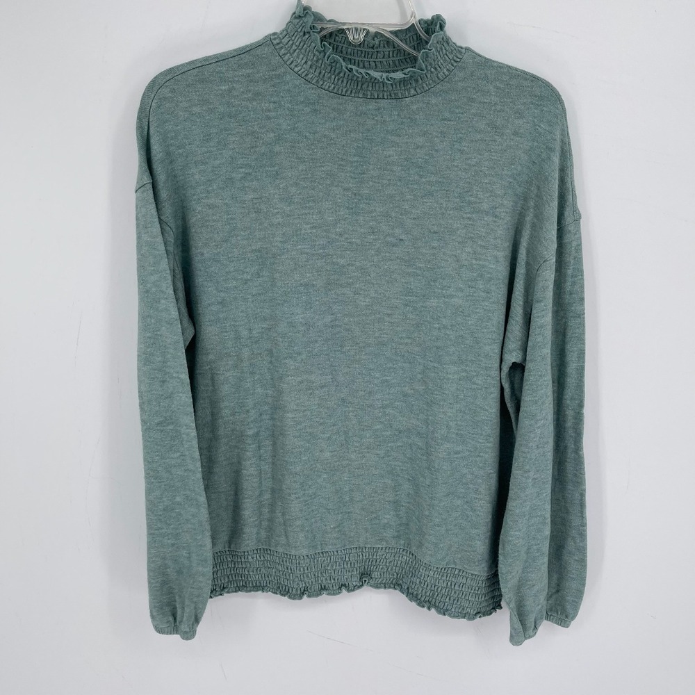 A New Day Women's Green Smocked Mock Neck‎ Ruffle Hem Long Sleeve T-Shirt Size L